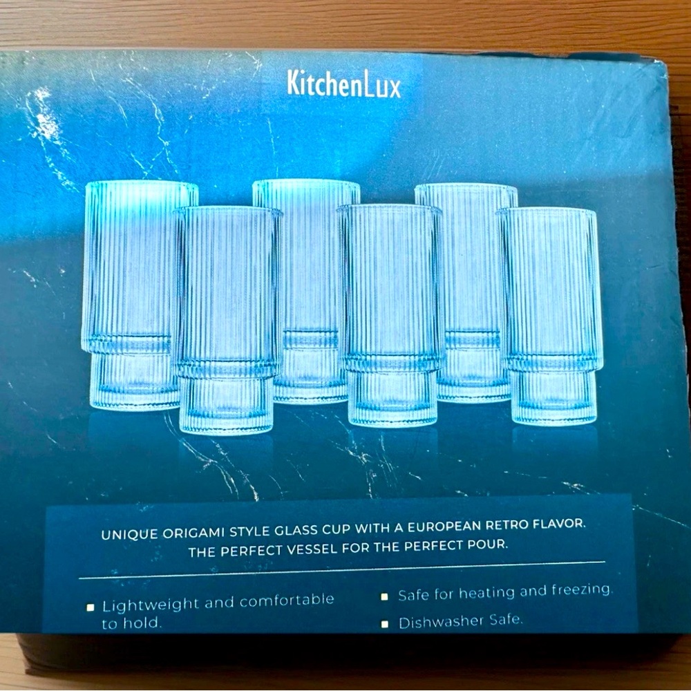 Kitchenluxe Ribbed tall 12 oz Glass Cup Set 6 glasses